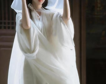 White Chiffon Hanfu Dress, Flowy Fairy Cosplay Gown, Ancient Chinese Costume