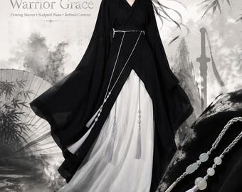 May include: A black and white dress featuring a V-neckline, long flowing sleeves, and a sculpted waist. The garment includes a white skirt layered under a black wrap-style bodice with decorative silver-toned cords and hanging tassels.