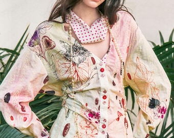Bluzka z bawełny i lnu z kwiatowym nadrukiem w stylu qipao, tunika w stylu boho zapinana na guziki w stylu vintage
