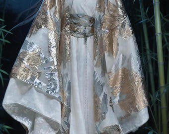 Biały komplet hanfu, żakard w kolorze srebra i złota z kwiatowym wzorem, styl dynastii Ming, kostium cosplay wróżki