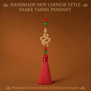 May include: A gold-toned snake pendant hanging from a red cord with red and green beads, finished with a long red tassel. The text HANDMADE NEW CHINESE STYLE SNAKE TASSEL PENDANT and Premium Oriental Decor & Fashion Accessory are visible.