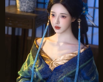 Elegancka niebiesko-złota chińska sukienka Hanfu: strój do fotografii cosplay w stylu dynastii Tang