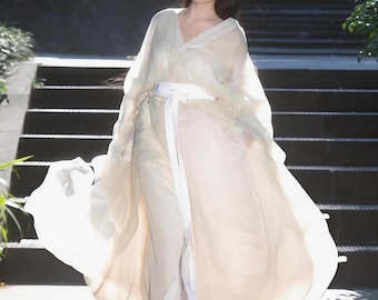 Luźna szyfonowa sukienka hanfu, kostium wróżki, chiński cosplay, biała suknia ślubna