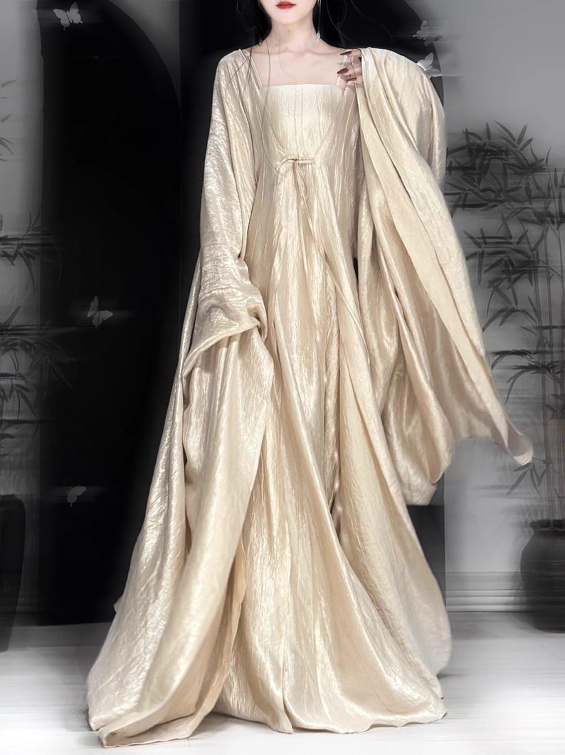 Silber Mondschein Hanfu Set, Tencel Satin fließendes Feenkleid, Fantasy Fotografie Kostüm Bild 10
