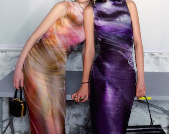 Women Y2K Art Print Maxi Dress, Chinese Style Qipao Inspired Bodycon, Stretch Mesh Sheer Party Outfit, Red Purple Modern Cheongsam