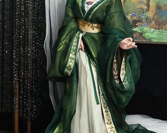 Zielona szyfonowa sukienka Hanfu: tradycyjny chiński kostium wróżki, szeroki rękaw, ślubny cosplay