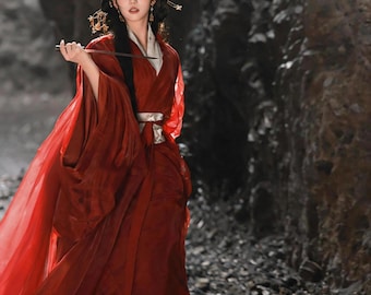 Czerwona szyfonowa sukienka Hanfu: tradycyjny orientalny kostium wróżki, suknia cosplay