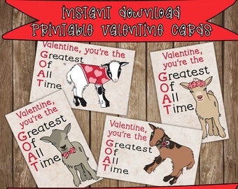 Printable Valentine Goat Greatest Of All Time Kids School Valentine's Day Cards Bonus Teacher Card Instant Digital Download