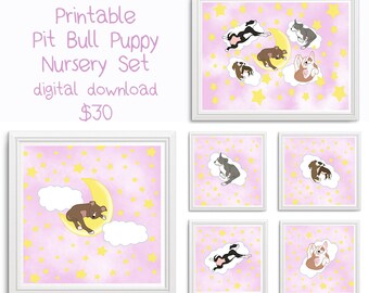 Pit Bull Puppy Nursery Art Digital Download (pink) Pitbull Pittie Nursery Decor