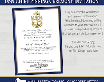 USN Navy Chief Pinning Ceremony Invitation Printable Digital Download