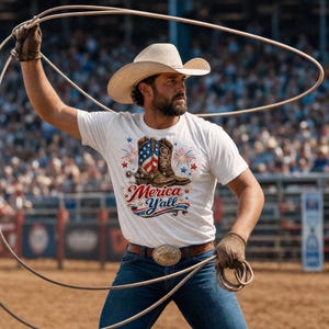 Könnte beinhalten: Ein weißes T-Shirt mit einer Grafik eines Cowboystiefels im US-Flaggenmuster, Feuerwerk und dem Text Merica Y'all. Das T-Shirt wird mit einer blauen Jeans, einem braunen Ledergürtel mit großer Schnalle und einem beigen Cowboyhut getragen.