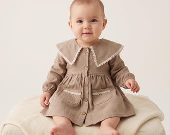 Baby Mädchen Kleid, Musselin Kleid, Vintage Spitzenkragen Kleinkind Outfit, Boho Baby Kleidung, Langarm Kleid, elegantes Baby Shower Geschenk