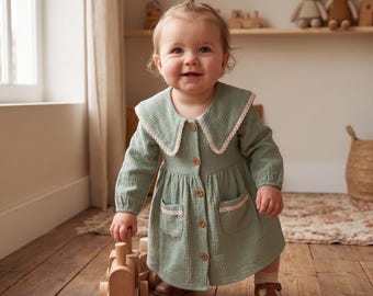 Muslin Baby Girl Dress, Vintage Lace Collar Toddler Outfit, Boho Baby Clothes, Long Sleeve Button Down Dress, Elegant Baby Shower Gift