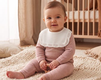 Conjunto de dos piezas para bebé niña con cuello de volantes, suéter de punto y pantalón para recién nacida.