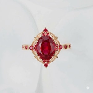 May include: A gold ring featuring a large oval-cut red gemstone as the centrepiece, surrounded by a decorative filigree frame set with smaller round red stones. The band is also adorned with a series of small round red gemstones.