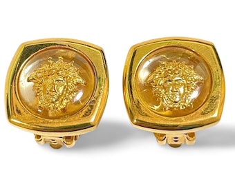 Vintage Gianni Versace Clear & Gold-Tone Medusa Earrings | Classic Iconic Jewelry | 060305m