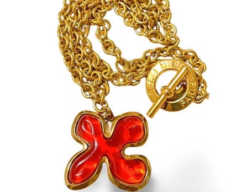 Vintage CELINE Thick Gold Chain Long Necklace with Orange-Red Gripoix Flower Pendant. Rare Gorgeous Statement Jewelry. 050915ya1