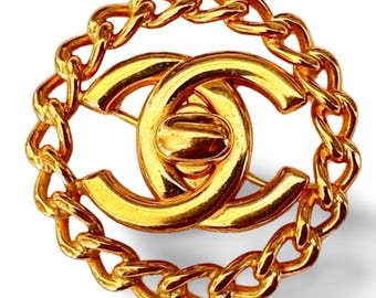 Vintage CHANEL Golden Chain Frame Turn Lock CC Pin Brooch