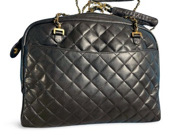 Vintage CHANEL Black Lamb Leather Large Bag With Double Golden