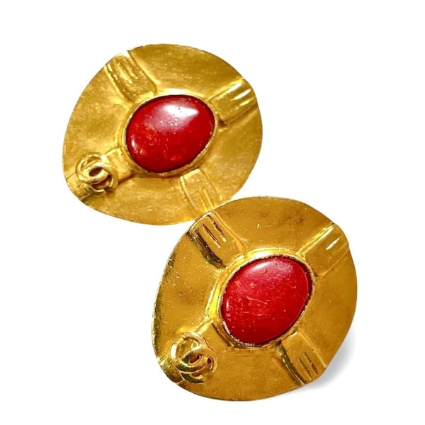 1990s Vintage CHANEL Oval Gold-Tone Earrings with Red Stone & CC Mark. Large Statement Jewelry. Made in France. Ethnic style. 060229ya