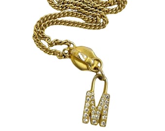 1990s Vintage MOSCHINO Zipper Pull M Logo Heart Pendant Necklace — Gold Tone Chain with Crystal Charm — 050806ya1