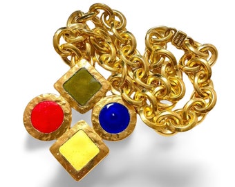 Vintage Celine gold chain necklace with large colorful enamel pendant top. Red, yellow, green, and blue.  Thick chain necklace. 060426ya