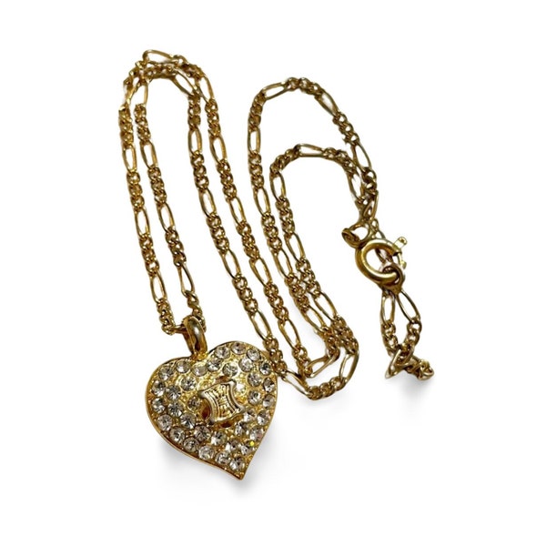 Vintage CELINE golden heart and logo with crystal pendant top skinny chain necklace. Perfect jewelry piece for any occasion. 060416ac3