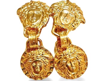 1990s Vintage Gianni Versace Gold-Tone Medusa Dangle Earrings | Double Medusa Motif | Iconic Lady Gaga Style | Stunning Gift | 060715m2