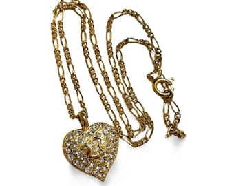 Vintage CELINE golden heart and logo with crystal pendant top skinny chain necklace. Perfect jewelry piece for any occasion. 060416ac3