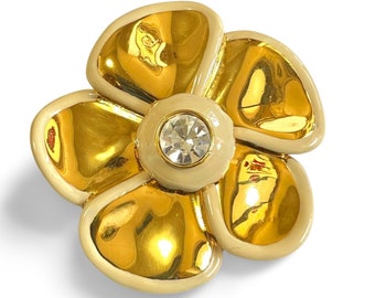 Vintage Yves Saint Laurent Ivory Ceramic & Gold Brass Flower Brooch with Crystal — 1990s YSL Pin Brooch — Elegant Statement Gift. 060310ya
