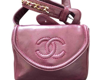 Vintage CHANEL wine fanny pack, leather belt bag with detachable chain belt and CC stitch mark on flap.  Fits 29.5" -32.6"