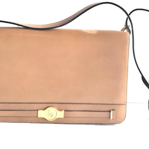 Vintage Christian Dior tanned brown leather shoulder clutch bag with golden CD motif. 050330re1