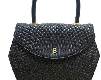 Vintage BALLY Black Quilted Lambskin Hexagon Handbag with Golden B Logo Motif. Made in Italy. 080629ac2