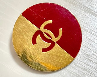 Vintage CHANEL Red and Gold Round CC Brooch — Geometric Mod Design