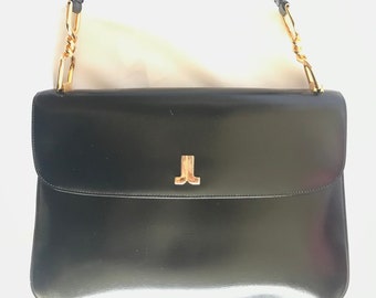 Vintage Lanvin Black Leather Shoulder Bag With Logo Motif