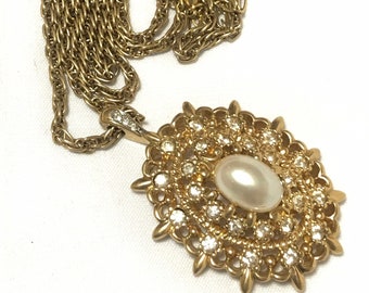 1990s Vintage NINA RICCI Statement Necklace with Oval Pearl & Crystal Pendant. Rare Designer Jewelry. Elegant Gift. 0405165