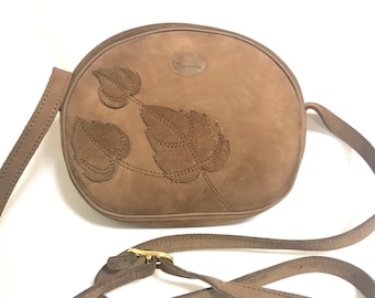 Vintage Longchamp Brown Suede Leather Oval Round Shoulder Bag with Leaf Appliqué Motifs, Made in France | Rare Unique Piece 0704