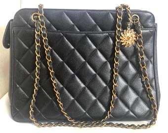 Vintage CHANEL Black Caviar Matelasse Chain Shoulder Bag With