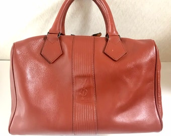 Vintage Yves Saint Laurent brown leather handbag with YSL marks. Classic unisex use bag, speedy bag.