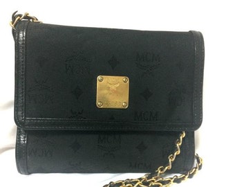 Auth MCM Vintage Black Leather Golden Studded Logo Medium Tote Bag Germany