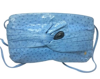 1980s Vintage BALLY Blue Ostrich Leather Shoulder Bag | Gathered Knot & Bow Design | Made in W. Germany | 050406r3