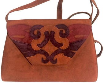 Vintage Bally brown, red, and purple suede leather ethnic design shoulder bag, clutch purse. 170620