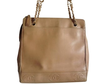 Vintage CHANEL Brown Beige Caviar Leather Chain Tote Bag 