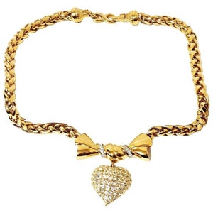 MINT. Vintage Nina Ricci golden chain statement necklace with ribbon bow and crystal stone heart pendant top. Perfect gift. 070117re5
