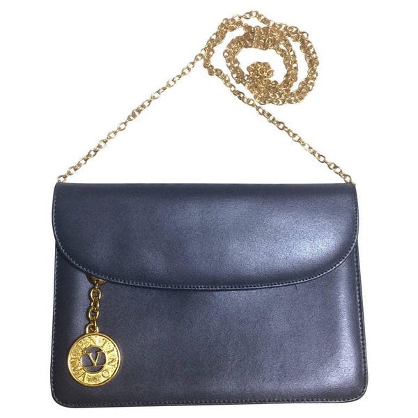 Vintage Valentino Garavani, gray leather chain shoulder bag with golden round V motif charm. Can be clutch bag as well.