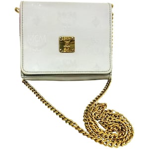 Vintage MCM light grey monogram and purple logo jacquard mini clutch shoulder bag, wallet pouch with chain strap. 070325re1
