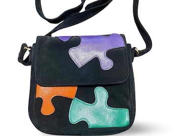 Vintage MOSCHINO Black Suede and Colorful Jigsaw Puzzle