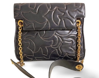 1990s. Vintage BALLY Black Leather Shoulder Bag. White Leaf Stitch Design. Chain Strap. Classic Elegant Vintage Purse. 060310ya1