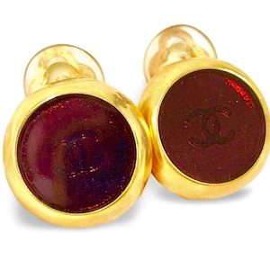 Vintage CHANEL Gold Round Earrings — Deep Red Glass with CC mark Motif — Elegant Clip-On Jewelry — 060810y3