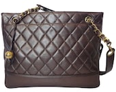 Vintage CHANEL gunmetal, bronze lambskin tote bag with gold tone shoulder strap chains and golden CC ball charm.